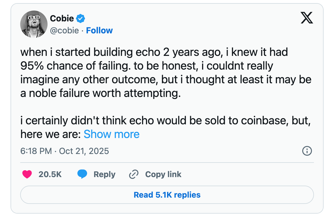 Coinbase 收购 Echo 背后:Cobie 从 200 美元入圈到名利双收的 13 年