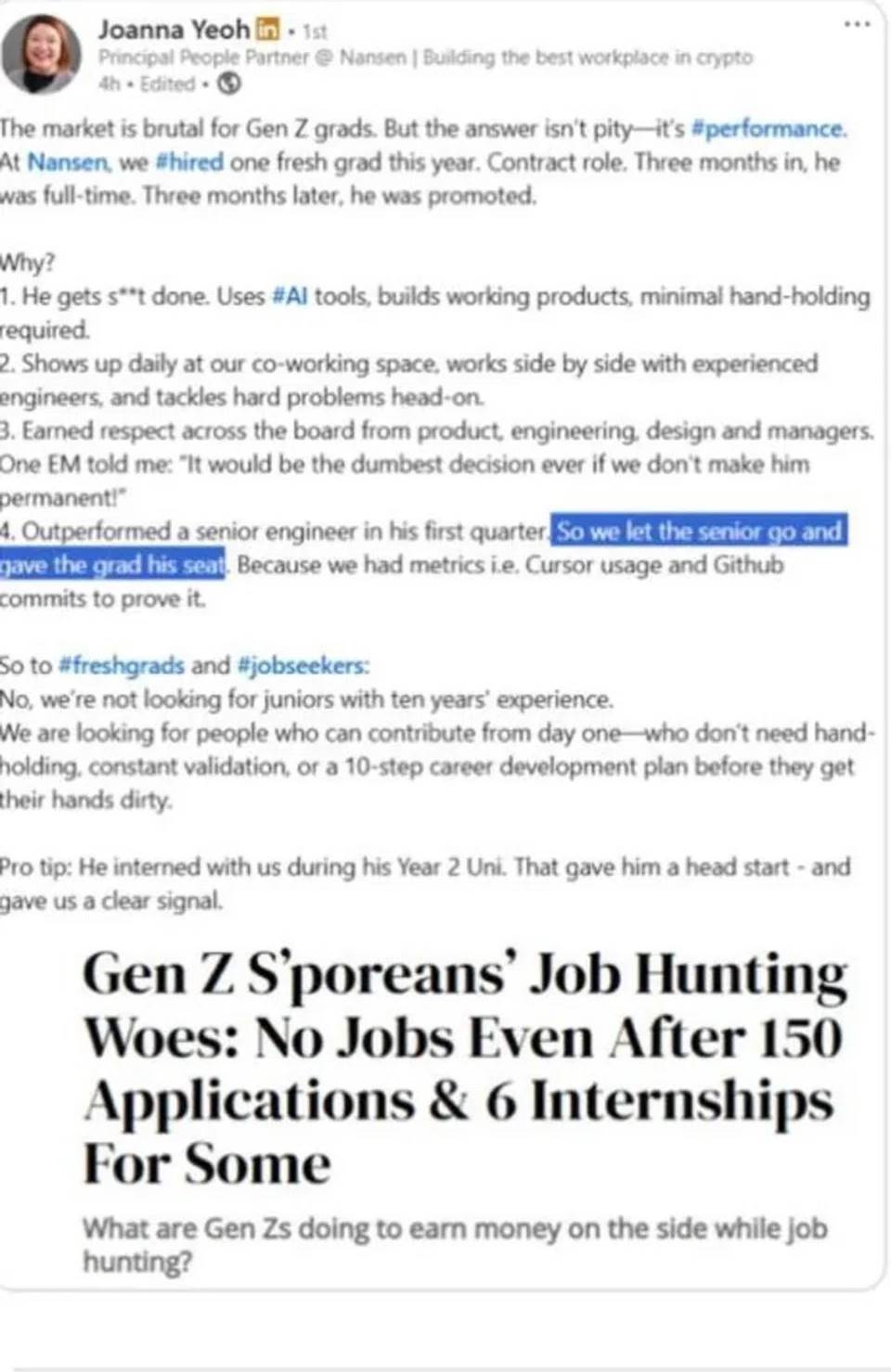 应届生 3 个月卷走资深员工饭碗,Nansen HR 发帖炫耀反遭社区批评